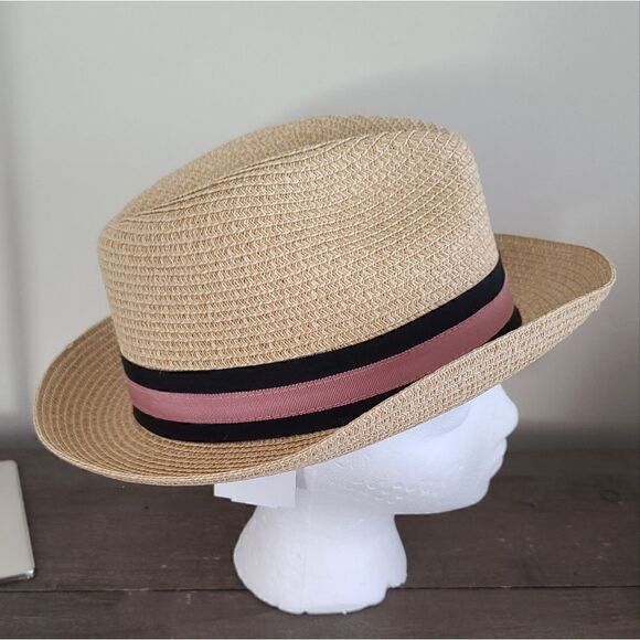 Nordstrom Classic Stripe Straw Fedora Hat in Tan Combo NEW Size S / M - Picture 5 of 7